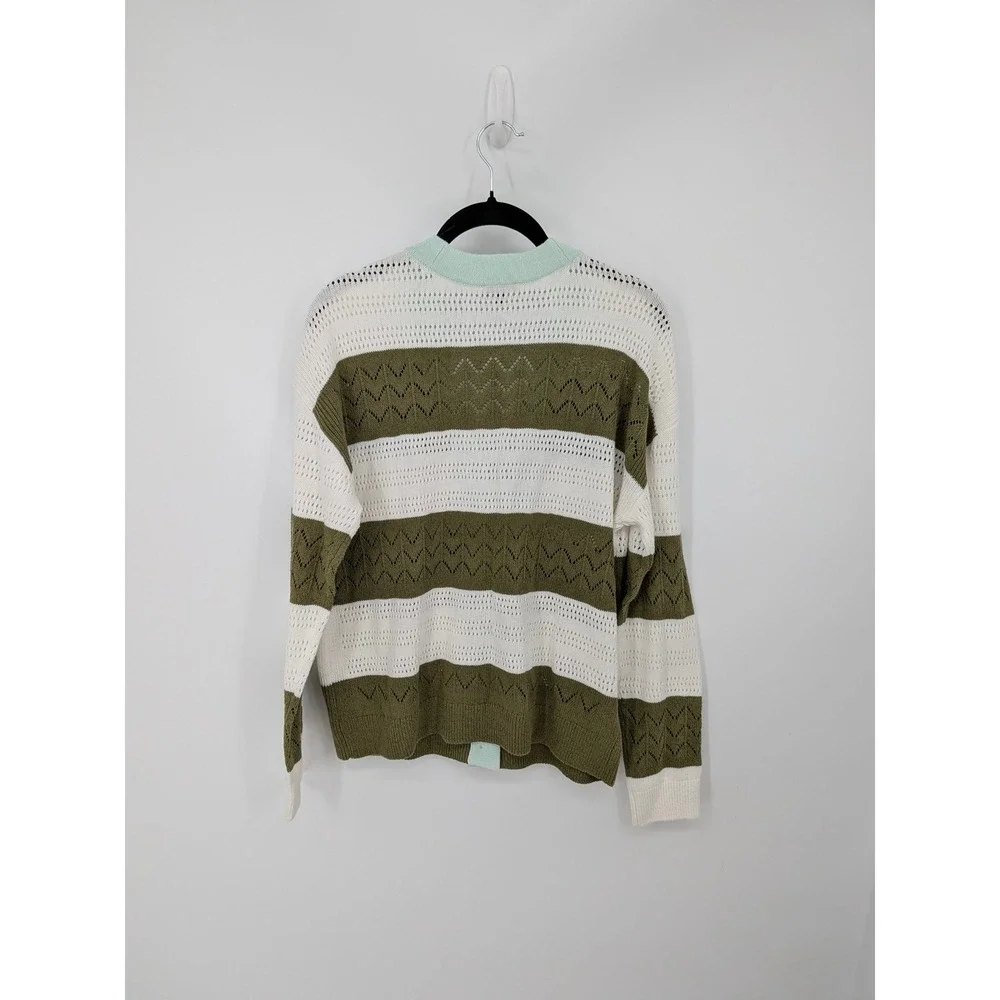 Talbots Cardigan Womens Medium Green White Striped V-Neck Pointelle Knit Cotton